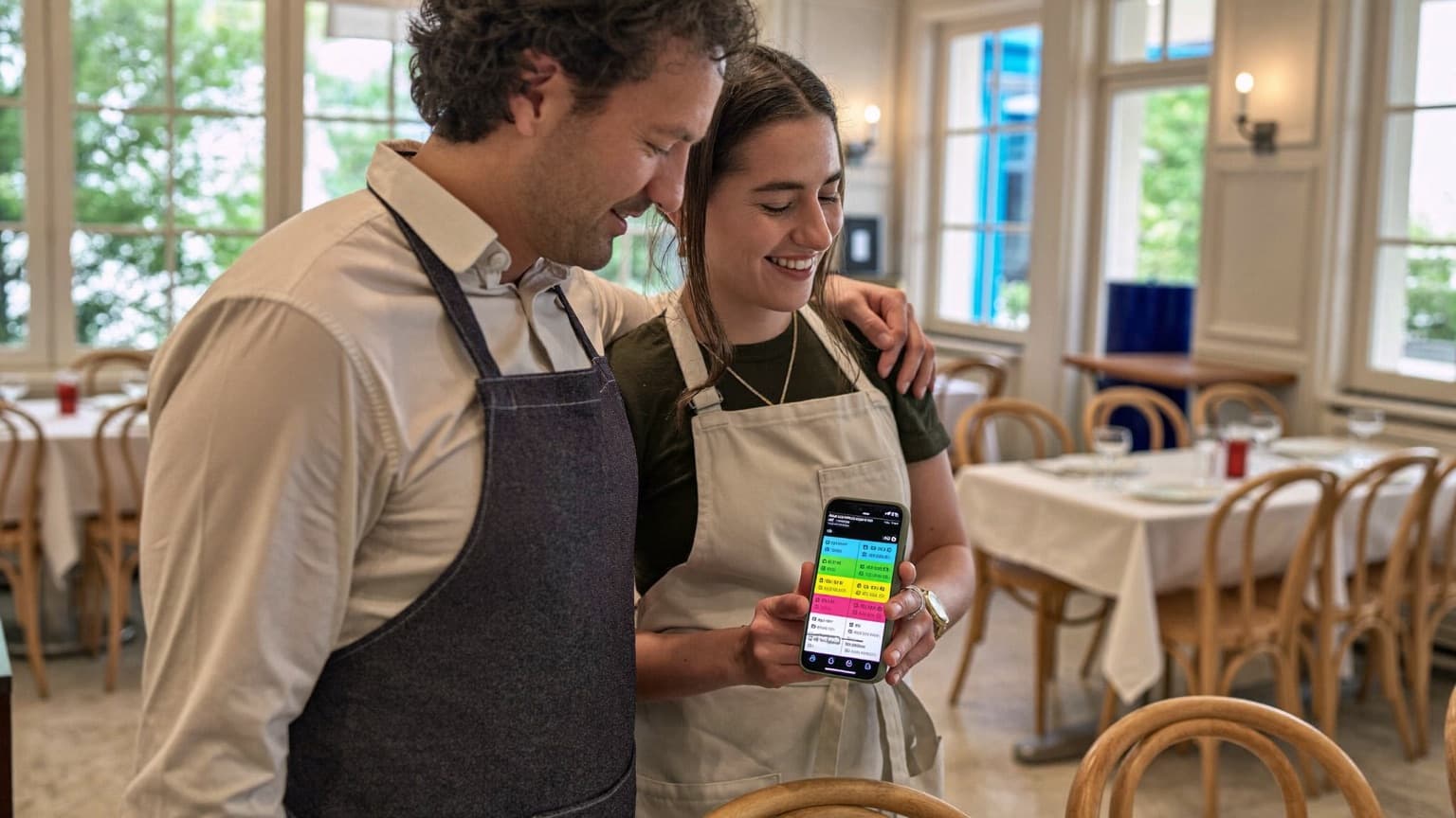 Deux membres d'une équipe de restaurant consultent leur agenda partagé sur un téléphone