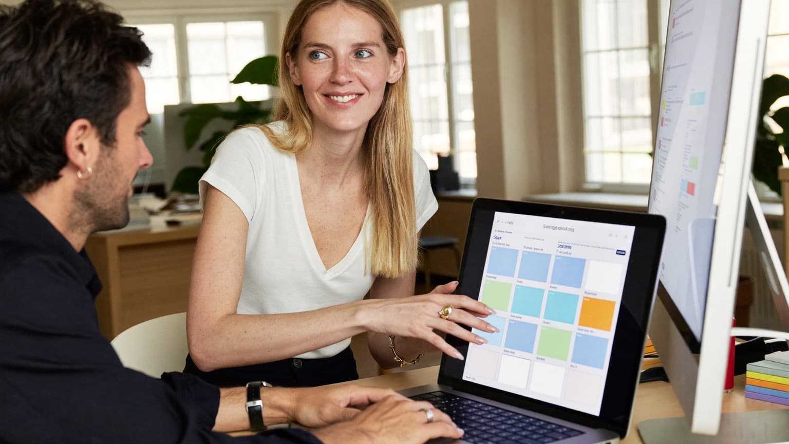 Une collègue montre un agenda partagé à un coéquipier sur un ordinateur portable au bureau