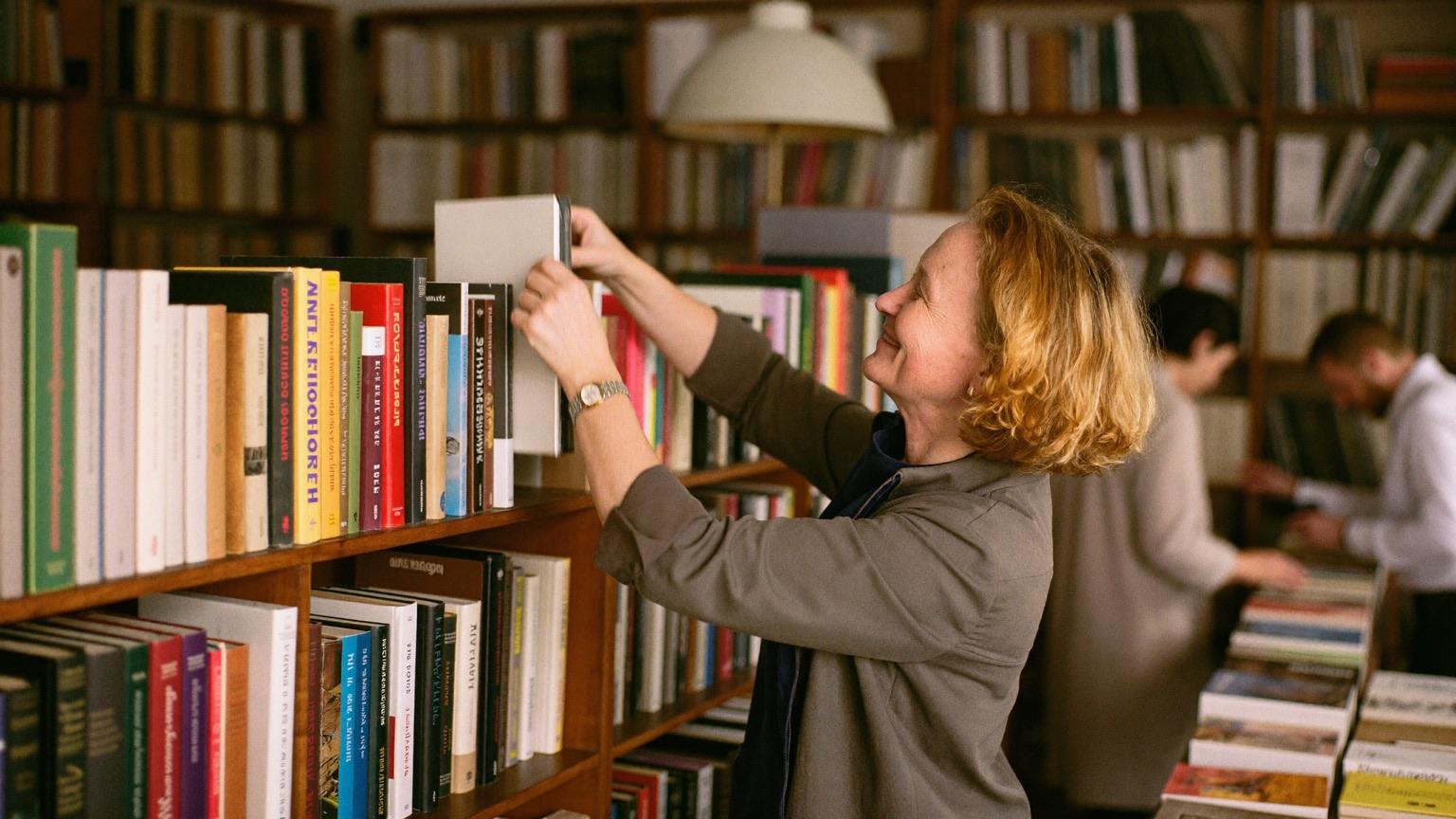 Une libraire organise les rayons de sa librairie pendant qu'une collègue conseille un client