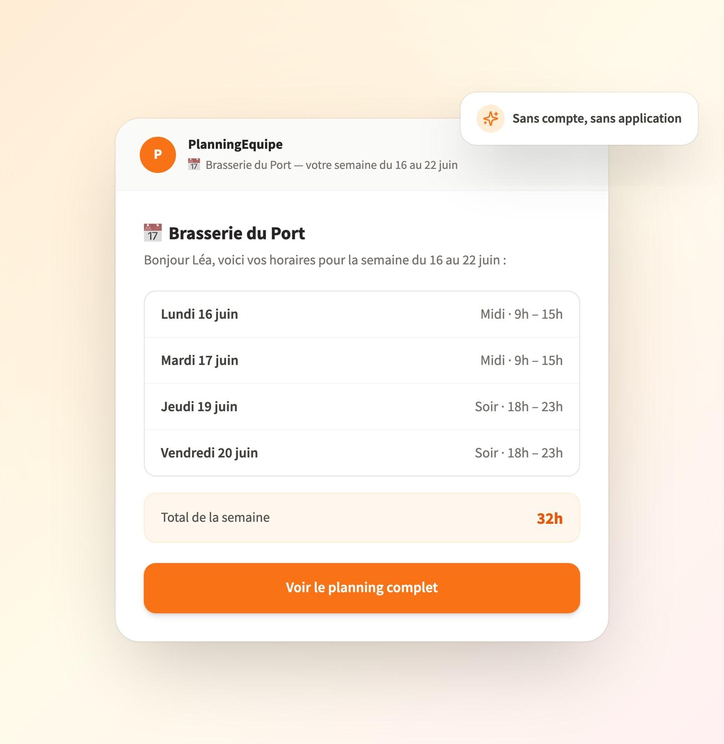 L'email reçu par chaque employé : ses horaires de la semaine, le total d'heures et un lien vers son planning