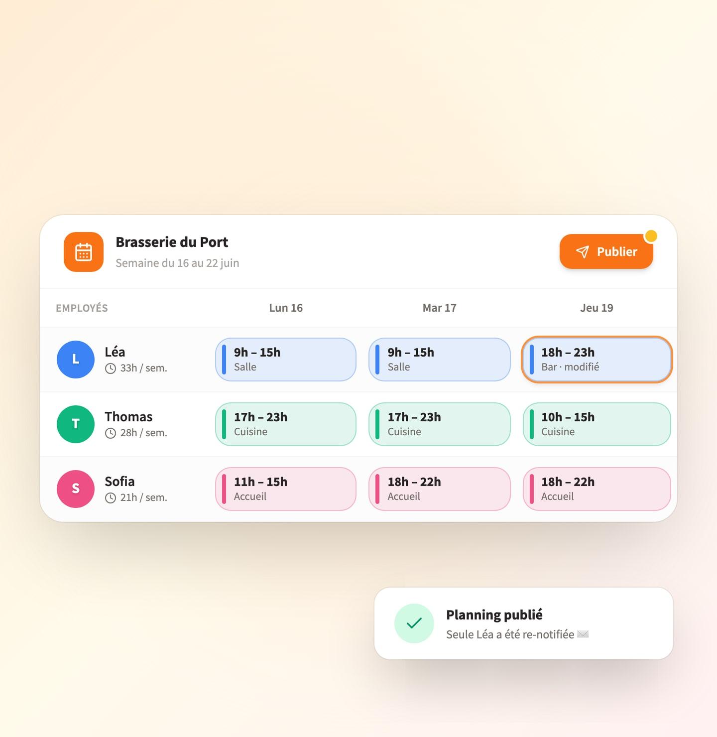 Un horaire modifié dans le planning : seule la personne concernée est re-notifiée par email